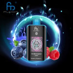 FUMOT Tornado 25000 disposable vape device in Blueberry Raspberry flavor, displayed with blueberries and raspberries against a glowing blue and purple background.