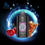 FUMOT Tornado Cherry Cola vape device with electronic display, surrounded by cherries and a splash of cola, set against a vibrant, glowing blue ring on a dark background.
