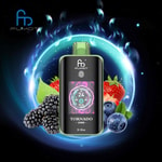 FUMOT Tornado 25000 disposable vape device labeled Dr Blue, displayed with strawberries, blueberries, blackberries, and a glowing blue energy ring in the background.