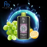 FUMOT TORNADO vape device displayed with green grapes and a halved lemon, set against a glowing blue and purple circular background.
