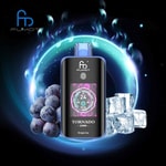 FUMOT Tornado vaping device in front of digital effects, surrounded by grapes and ice cubes, highlighting the Grape Ice flavor.