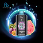 FUMOT branded vape device labeled 'Tornado 25000' with digital display, surrounded by images of kiwi, passion fruit, and guava, on a futuristic glowing background.