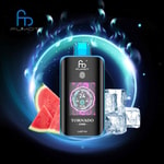 FUMOT electronic vape device with digital display, shown with watermelon slices and ice cubes, and a stylized glowing ring in the background.