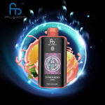 FUMOT Tornado 25000 disposable vape in pink lemonade flavor, displayed with digital screen and surrounded by a graphic of lemon, pink liquid splash, and glowing blue halo on a dark background.