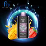 FUMOT Tornado vape device with a digital display, shown with mango and strawberry fruits and a glowing blue ring in the background, indicating the strawberry mango flavor.
