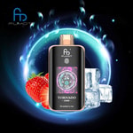 FUMOT Tornado vape device with a digital display, shown with strawberries and ice cubes, set against a vibrant, electric blue background.