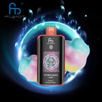 FUMOT branded vape device labeled 'TORNADO 25000 Tropical Rainbow Blast' with a digital display, shown in front of colorful cotton candy and a glowing, swirling blue aura on a dark background.