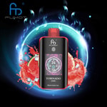 Fumot Tornado 25000 Watermelon Ice vape device with a digital display, surrounded by watermelon slices, ice cubes, and a glowing blue aura on a black background.