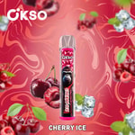 Cikso Cherry Ice Vape-Gerät mit einem Gorillabild auf der Vorderseite, umgeben von Kirschen, Eiswürfeln und einem wirbelnden roten Hintergrund.