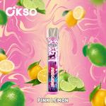 Buntes Vape-Gerät mit der Aufschrift 'Pink Lemon', umgeben von illustrierten Zitronen, Limetten und einem rosafarbenen Hintergrund.