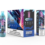 Bang King Tornado Blue Razz Ice Vape-Produktverpackung mit einem Vape-Gerät und einer Markenbox mit farbenfrohen Neongrafiken, die 35.000 Züge und Nikotin-Warnhinweise hervorhebt.