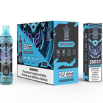 Bang King Tornado Blueberry Ice Einweg-Vape-Produktverpackung und Flasche mit 3500 Zügen, mit futuristischem Design in Blau und Schwarz und Nikotin-Warnhinweis.