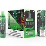Verpackung und ein Vape-Gerät für die Geschmacksrichtung Bang King Tornado Double Apple mit einer grünen futuristischen Alien-Gesichtsgrafik, Produktdetails und Nikotin-Warnhinweisen.