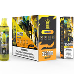 Bang King Tornado Energy Einweg-Vape-Verpackung und -Gerät mit schwarzen, gelben und orangefarbenen Designelementen mit einer metallischen Roboterillustration, auffälligem Branding und Warnungen zum Nikotingehalt und seiner Suchtwirkung.