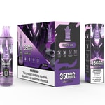 Bang King Tornado Grape Ice Vape-Verpackung mit violettem Farbschema, futuristischer Panzergrafik, Vape-Flasche, Box und Warnschild zum Nikotingehalt.
