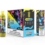 Bang King Tornado Lemon Mint Einweg-Vape-Verpackung und -Gerät mit auffälligen gelben und blauen Grafiken, einer futuristischen Roboterfigur und einem Nikotin-Warnschild mit der Aufschrift 'Dieses Produkt enthält Nikotin.' „Nikotin ist eine süchtig machende Chemikalie.“