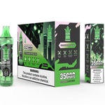 Bang King Tornado Strawberry Kiwi Einweg-Vape-Verpackung mit einer grün-schwarzen Flasche, einer 10er-Packung und detaillierten Funktionen wie 35.000 Zügen, E-Liquid- und Leistungsanzeige, Anti-Trockenbrand-Schutz, Mesh-Coil und Nikotin-Warnhinweisen.