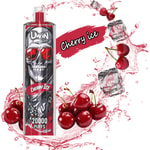Urządzenie do waporyzacji z motywem czaszki i czerwonymi okularami przeciwsłonecznymi z napisami 'Cherry Ice' i '20 000 puffów', otoczone rozpryskującym się sokiem wiśniowym, świeżymi wiśniami, kostkami lodu i tekstem 'Cherry ice' napisanym pogrubioną czcionką.