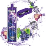 Waporyzator Uwin Grape Ice o pojemności 20 000 zaciągnięć, z fioletowym wzorem z grafiką w kształcie czaszki, otoczony plamami, kostkami lodu, winogronami i napisem 'Grape ice'.'