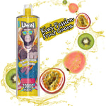 Kolorowe urządzenie do waporyzacji z grafiką kreskówkową, oznaczone 'Kiwi Passion Fruit Guava 20000 ptysiów', otoczone rozpryskującym się sokiem i ilustracjami przedstawiającymi kiwi, marakuję i gujawę.
