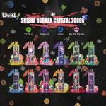 Różne jednorazowe waporyzatory Uwin Shisha Hookah Crystal 20000 w różnych kolorowych smakach z obrazami owoców i lodu na ciemnym tle, podkreślające takie funkcje, jak ładowanie typu C, bateria 650 mAh, pojemność 22 ml i wiele poziomów nikotyny.