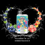 UWIN Crystal Twins 40K vape device with a cartoon monkey on the label, surrounded by splashes of water, blueberries, and peaches forming a heart shape, promoting blueberry on ice and summer peach ice flavors.
