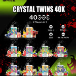 Promotional image for UWIN Crystal Twins 40K disposable vape, showing multiple vape devices with different fruit-themed flavors, features like 40,000 puffs, dual flavors, 850mAh battery, 32ml capacity, Type-C charging, and nicotine levels from 0% to 5%.