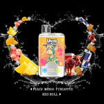 Colorful vape device with a cartoon monkey design, surrounded by splashing water, peach, mango, pineapple, and Red Bull energy drink images, labeled with the flavors peach, mango, pineapple, and Red Bull.