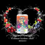 UWIN Crystal Twins vape device with a cartoon monkey design, surrounded by splashes of water, strawberries, raspberries, cherries, blueberries, and blackberries on a black background, highlighting flavors like strawberry, raspberry, cherry, and Mr Blue.