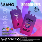 Promotional image for SBANG Bang Leader vape devices featuring a gradient purple and pink design, highlighting attributes like 80,000 puffs, type-C charging, dual mesh, and three flavor options including blueberry ice, strawberry and banana, and mixed berries, with warning text about nicotine.