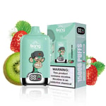 Bang Box vape device and packaging with a cartoon monkey wearing a military-style cap, surrounded by strawberries and a kiwi, and a warning label about nicotine addiction.