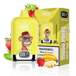 Strawberry banana flavored Bang Box disposable vape with a cartoon monkey wearing 3D glasses on the device and packaging, surrounded by strawberries and bananas.