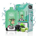 Bang Box disposable vape device with a cartoon monkey in sunglasses, digital power display, green apple and blackberry fruits, and packaging indicating raspberry sour apple flavor and 15,000 puffs.