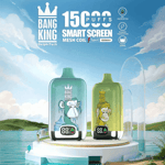 Two Bang King vape devices with illustrated crowned monkey graphics, standing on a circular platform by a body of water under a blue sky, highlighting features such as 15,000 puffs, smart screen, mesh coil, Type-C charging, oil and power indicators, 650mAh battery, and 25ml capacity.