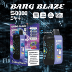 Advertisement for Bang Blaze Starry disposable vape in Cranberry Grape Ice flavor, featuring a digital space-themed design, key features like Type-C charging and 550mAh battery, and a nicotine warning label.