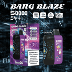 Promotional image for Bang Blaze 50000 Starry Love66 vape featuring a product box and vape device with a cartoon ape graphic, LED indicators, and warnings about nicotine content, set against a science-themed background.