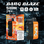 Promotional image for Bang Blaze 50000 Starry Mango Peach disposable vape, featuring a cartoon character, product specs, and a nicotine warning label.