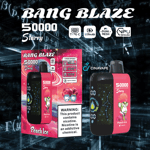 Promotional image for Bang Blaze Starry Peach Ice vape device with 50000 puffs, showing product features like Type-C charging, 550mAh battery, dual mesh coil, and warning label about nicotine addiction.