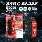 Bang Blaze 50000 Starry vape device and packaging featuring a digital display, red and black design, a cartoon monkey character, and strawberry watermelon flavor, with nicotine addiction warning label.