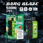 Bang Blaze 50000 Starry vape device and packaging in Watermelon Ice flavor, featuring a cartoon ape with sunglasses, digital graphics, product specifications, and a nicotine warning label.