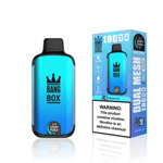 Dispositivo de vapeo desechable Blue Bang Box junto a su empaque, etiquetado con sabor 'Blueberry Ice', 18,000 inhalaciones y una advertencia de nicotina.