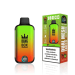 Dispositivo de vapeo desechable Bang Box y empaque con un diseño degradado verde y naranja, etiquetado con sabor a 'Doble manzana' y '18,000 inhalaciones', con una advertencia sobre la adicción a la nicotina.
