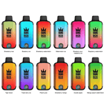 Doce coloridos dispositivos de vapeo Bang Box, cada uno con un sabor de fruta diferente, como fresa, kiwi, helado de arándano, helado de sandía y más, dispuestos en dos filas sobre un fondo blanco con los nombres de sus sabores etiquetados a continuación.