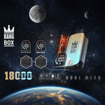 Promotional graphic for the Bang Box dual mesh vape device, featuring a product image with illustrated technical features, '18,000 puffs' text, and a space-themed background with planets and Earth.