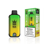 Dispositivo de vapeo desechable Bang Box y empaque en degradado verde-amarillo, etiquetado con sabor a mango, melocotón y sandía y con una advertencia de nicotina.