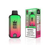 Dispositivo de vapeo desechable Bang Box y su empaque con un diseño degradado de verde a rosa, etiquetado con sabor a sandía y frambuesa y con una advertencia de nicotina.