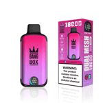 Dispositivo de vapeo desechable de doble malla Bang Box en degradado rosa y morado con su empaque, que muestra 18,000 inhalaciones, un sabor a helado de frambuesa agria y una etiqueta de advertencia de nicotina.