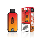 Dispositivo de vapeo desechable Bang Box Strawberry Mango con cuerpo degradado de naranja a rojo junto a su empaque, que destaca 18000 inhalaciones, tecnología de malla dual y una etiqueta de advertencia de nicotina.