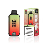 Dispositivo y embalaje de vapeo desechables Bang Box, etiquetados con sabor a kiwi fresa y con una advertencia sobre el contenido de nicotina y la adicción.