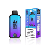 Dispositivo de vapeo Bang Box en un color degradado azul-violeta junto a su empaque, que presenta detalles del producto, una gran advertencia de nicotina y el sabor Triple Berry Ice.